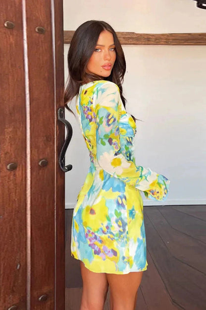 Printed Long Sleeve Mini Dress with Square Collar and High Waist