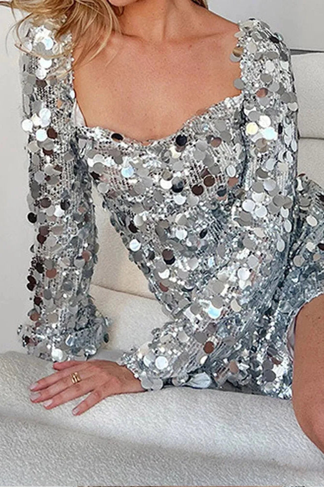 Slim Fit Mini Dress with Square Neck and Long Sleeves