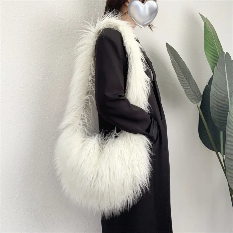 Bolso de hombro con pelo en forma de corazón estilo Harajuku para mujer, bandolera de piel sintética estilo punk Y2K, de gran tamaño