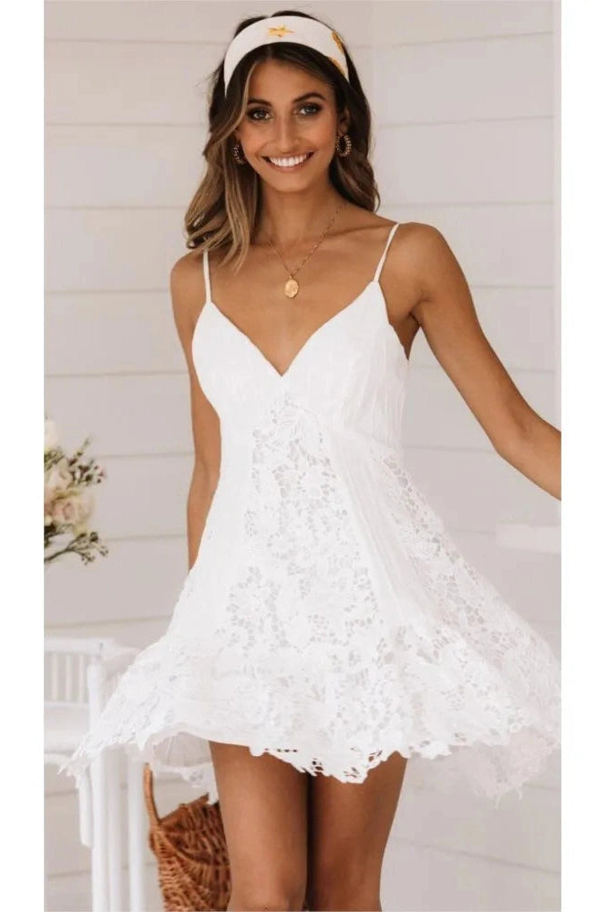 Deep V-Neck Backless Mini Dress with Spaghetti Straps and Hollow Out Detail