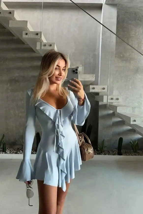 Elegant Lace Up Bodycon Mini Dress with Long Sleeves