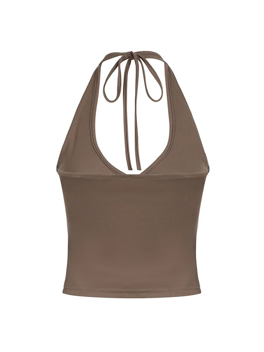 Top corto con cuello en V y lazo cruzado para mujer, liso, básico, informal, ajustado, sin espalda, sexy, sin mangas