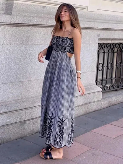 Vestido largo elegante con bordado calado para mujer, vestido largo sin mangas a cuadros, elegante, para primavera y verano, nuevo estilo urbano