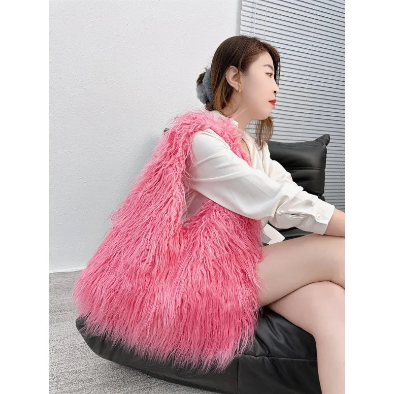 Bolsos de hombro peludos y esponjosos para chicas Kpop Y2k para mujer, tendencia de lujo, bolso de mano grande de piel sintética de diseñador, bolsos Harajuku