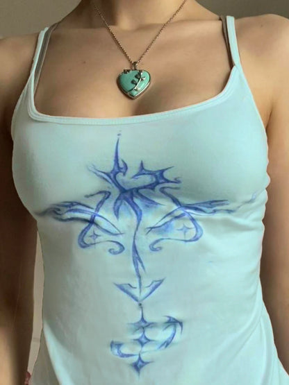 Camisola con estampado abstracto Y2K sin mangas, básica, ajustada, azul claro, top corto, lindas camisetas sin mangas para mujer