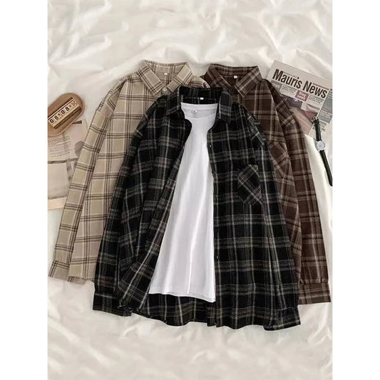 Vintage Oversized Plaid Shirts Women Streetwear Long Sleeve Blouses Harajuku Korean Pocket Loose Casual All Match Tops New
