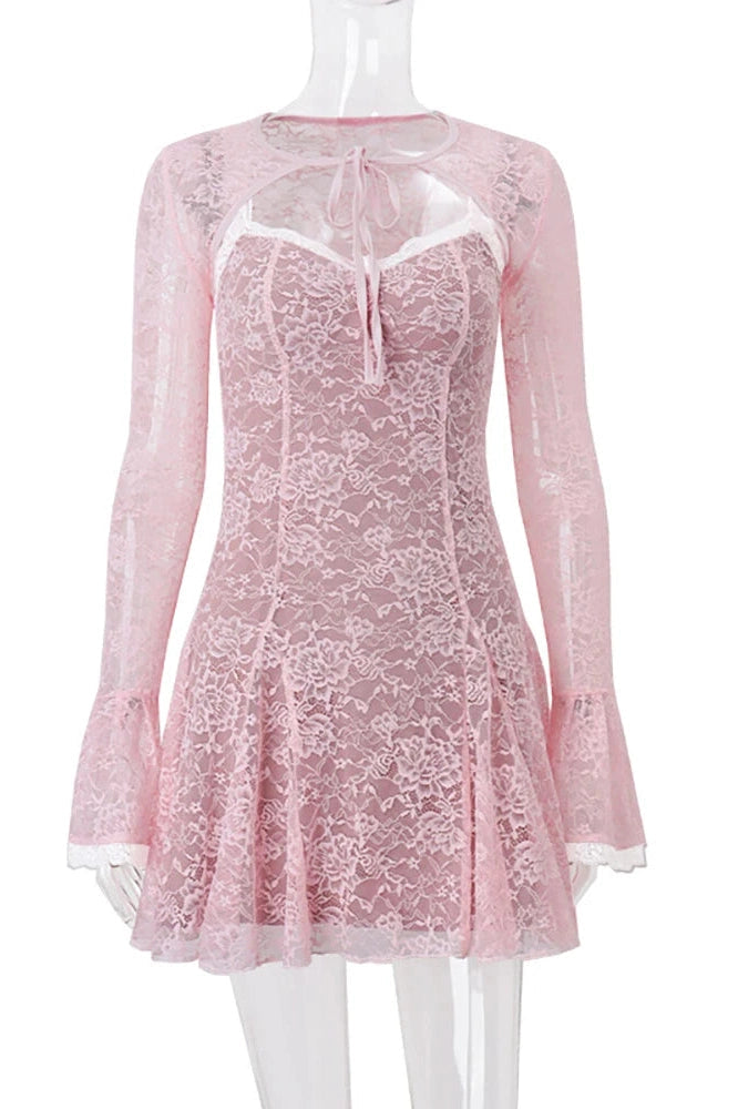 Printed Two-Piece Mini Dress with See-Through Flare Sleeves