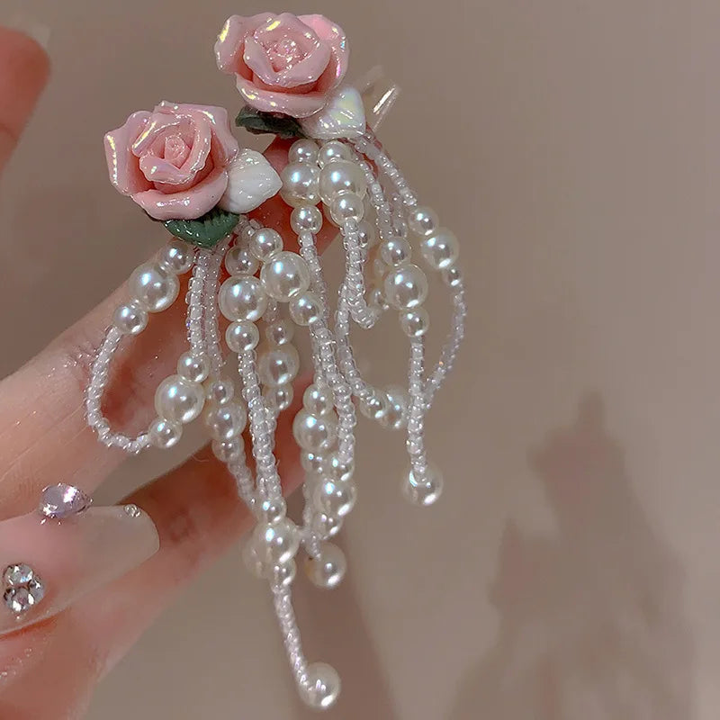 Korean Fashion Pink Flower Pearl Tassel Earrings for Women Luxury Fairy Jewelry
