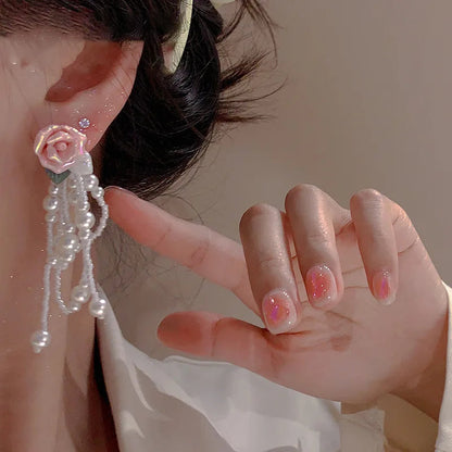 Korean Fashion Pink Flower Pearl Tassel Earrings for Women Luxury Fairy Jewelry