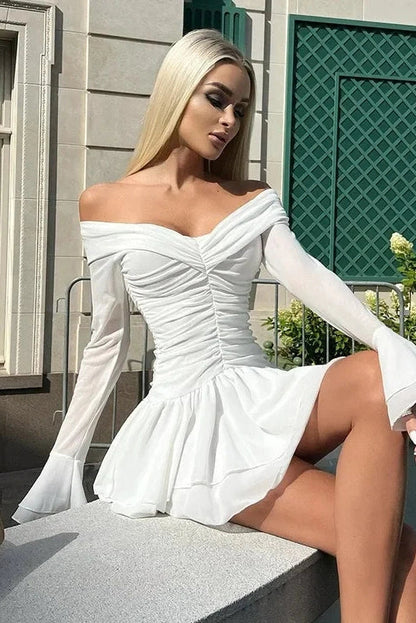 Off-Shoulder Long Sleeve Mini Dress with Pleated High Waist Slim Fit