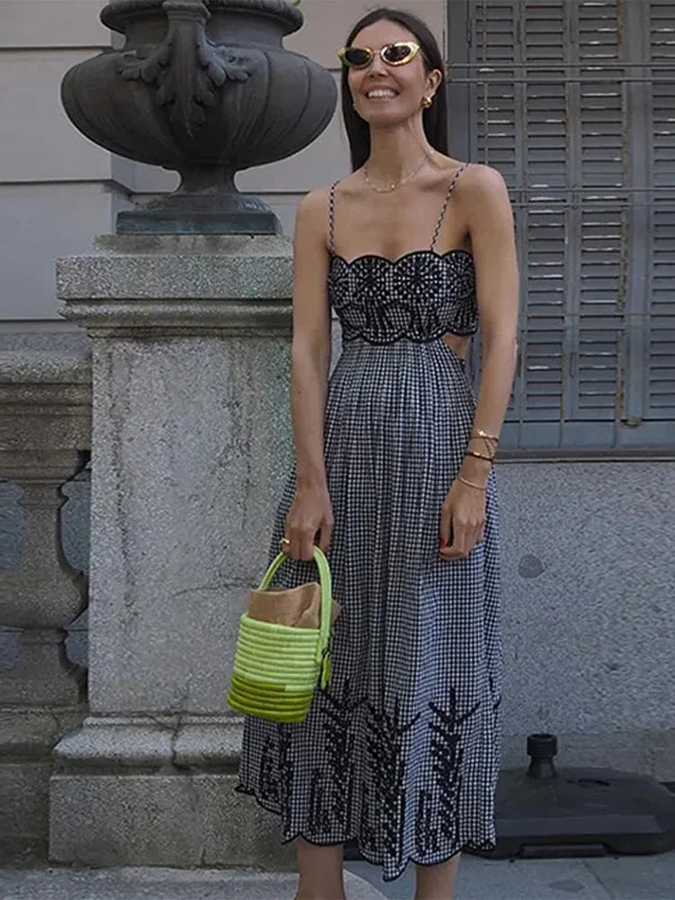 Vestido largo elegante con bordado calado para mujer, vestido largo sin mangas a cuadros, elegante, para primavera y verano, nuevo estilo urbano