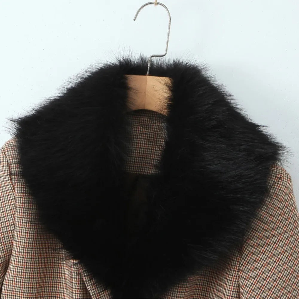 Conjunto de 2 piezas para mujer, blazer a cuadros de pata de gallo con cuello de piel sintética extraíble y cintura ajustada con varillas + minifalda de cintura alta tipo A.