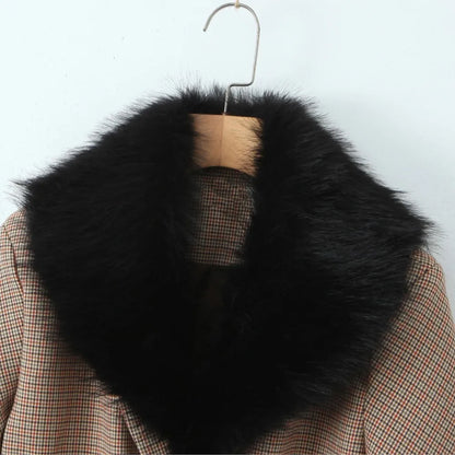 Conjunto de 2 piezas para mujer, blazer a cuadros de pata de gallo con cuello de piel sintética extraíble y cintura ajustada con varillas + minifalda de cintura alta tipo A.