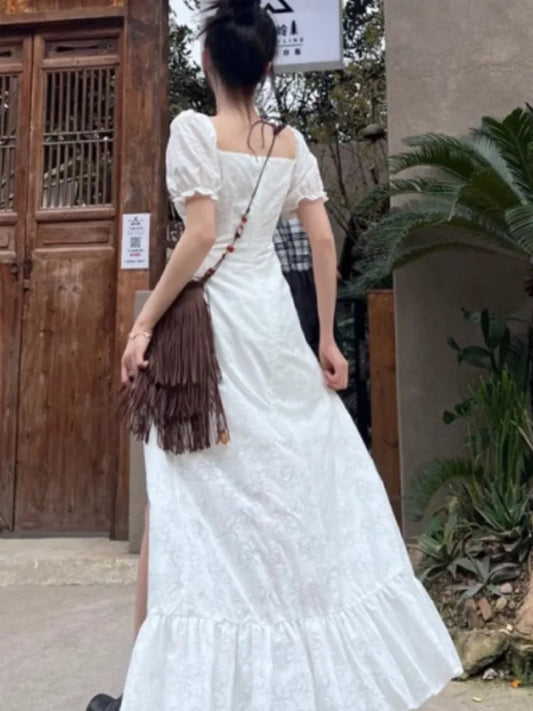 Vestidos largos Y2K para mujer, con mangas abullonadas, cordones, corte A, hombros descubiertos, para fiesta, club, verano, nuevo, coreano, elegante, de una pieza