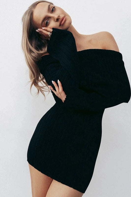 Off-Shoulder Backless Long Sleeve Mini Dress