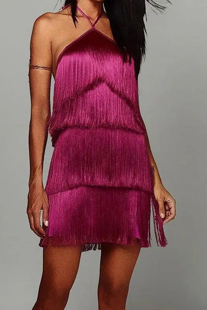 Silky Tassel Halter Mini Dress