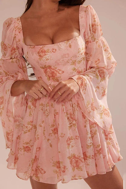 Printed Backless Mini Dress with Square Collar