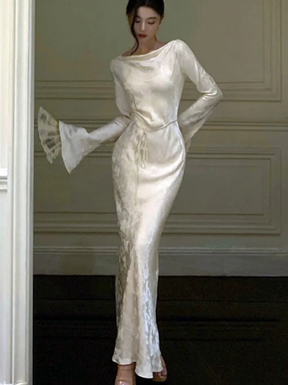 Vestidos de noche de otoño para mujer, ajustados, para boda, graduación, manga acampanada, cuello alto, estilo francés vintage, midi, novedad