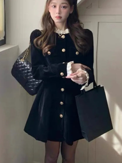 Vestidos de terciopelo negro de otoño para mujer, vestido de fiesta de noche de una sola botonadura de manga larga, moda coreana, vestido de línea A para mujer, nuevo