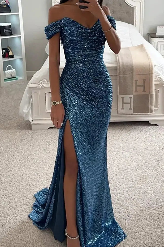 Sequin Maxi Dress with Off Shoulder Elegance