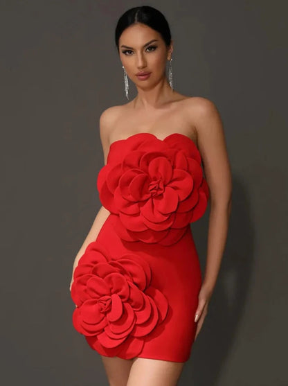 Orenda Strapless Dress with Red Flower Applique