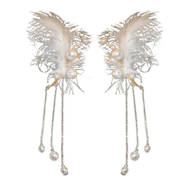 Lizakosht Unique Long White Feather Pearl Tassel Earrings for Women Creative Clip-On Party Jewelry No Piercing