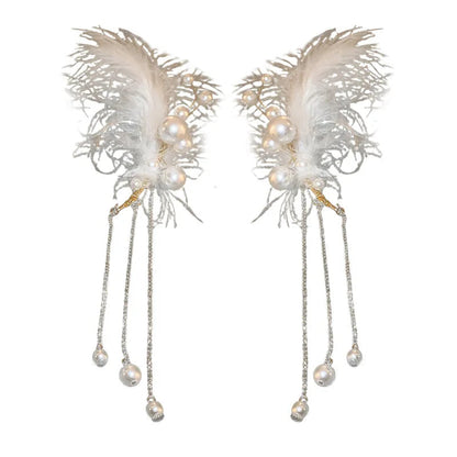 Lizakosht Unique Long White Feather Pearl Tassel Earrings for Women Creative Clip-On Party Jewelry No Piercing