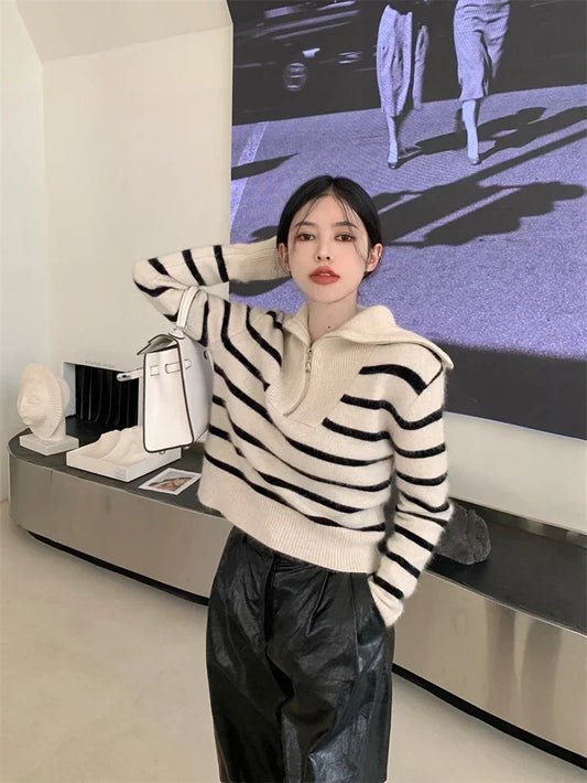 Autumn Winter Female Pullover Knit Loose Clothing Zipper Pullovers Shirts and Blouses Long Sleeve Traf Store Knitwears