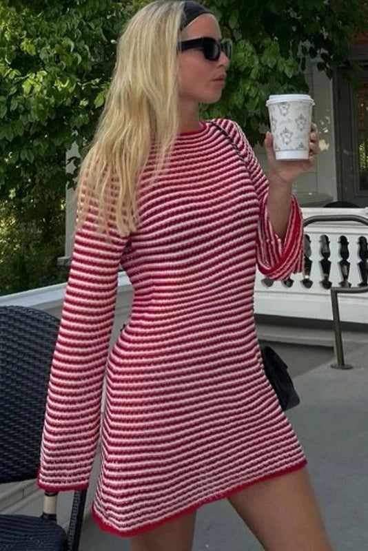 High Waist Striped Flare Sleeve Mini Dress