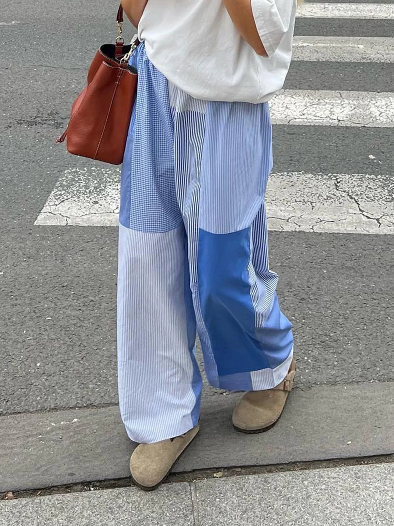 Pantalones holgados con diseño de bloques de color grunge y rayas azules para mujer, cintura elástica, sueltos, informales, tejidos, ropa de casa informal