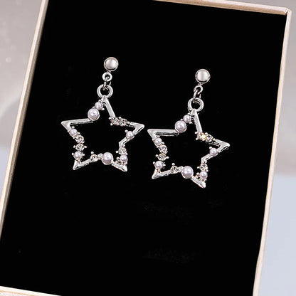 Korean Fashion Pearl Crystal Star Drop Earrings for Women Geometric Pendants Jewelry Gift