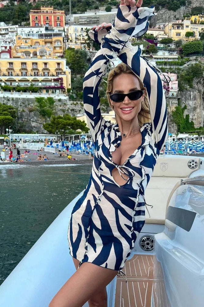 V-Neck Long Sleeve Printed Mini Dress with Slim See-Through Design