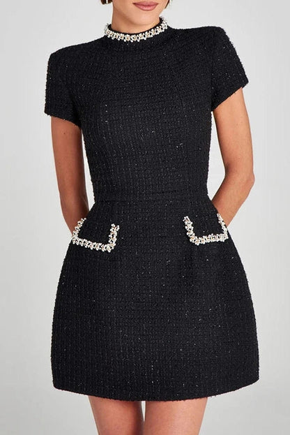 Slim Fit A-Line Mini Dress with O Neck and Short Sleeves