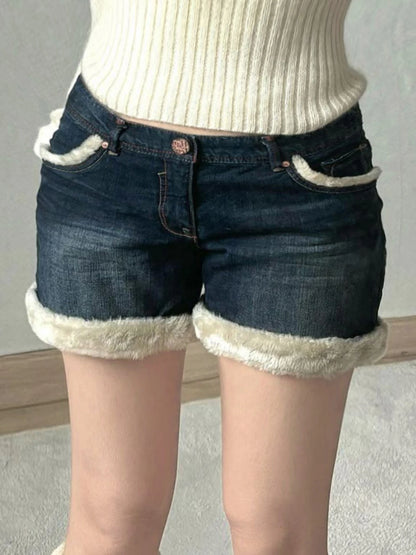 Kawaii Fluffy Trim Mini Jeans Women Chic Gentle Sweet Style Pants Fashion All-Match Blue Short Design