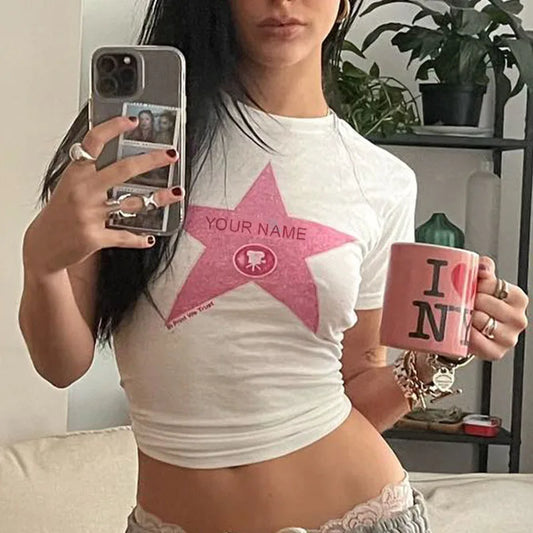 New printed T-shirt, fashionable casual short sleeved top, Y2K summer sexy electronic girl T-shirt, women’s clothing