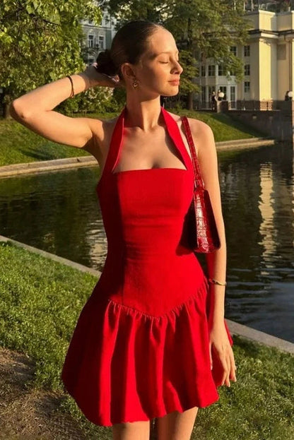 Pleated A-Line Mini Dress with High Waist Slim Fit