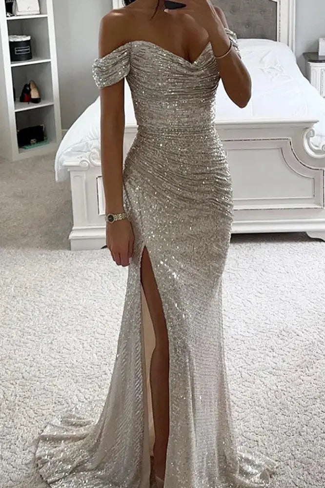 Sequin Maxi Dress with Off Shoulder Elegance