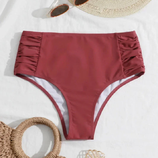 Braguita de bikini de cintura alta fruncida para mujer, traje de baño con control de abdomen, pantalones cortos, ropa de playa unicolor, licra, estilo playero de verano