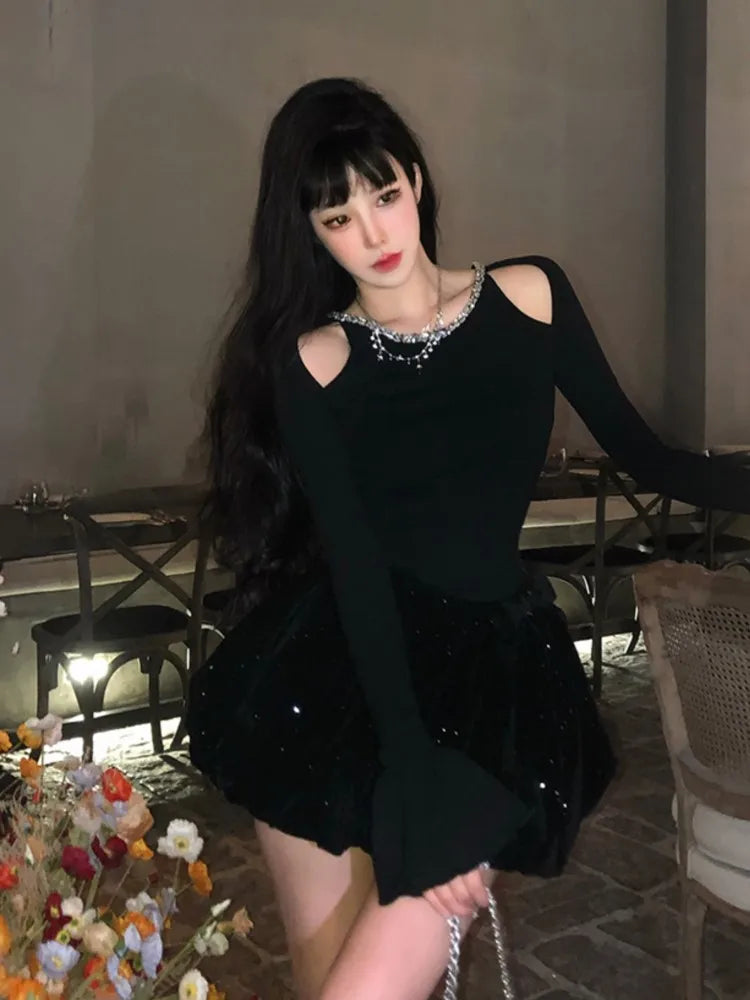 Vestidos negros de punto para otoño e invierno para mujer, de manga larga, cintura alta, corte A, para fiesta de cumpleaños, minivestidos, ropa femenina