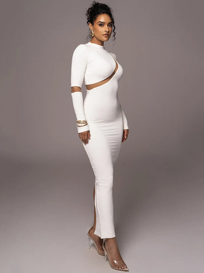 -Vestido midi de manga larga con abertura para mujer, sexy, ahuecado, dividido, irregular, irregular, para fiesta, club, noche
