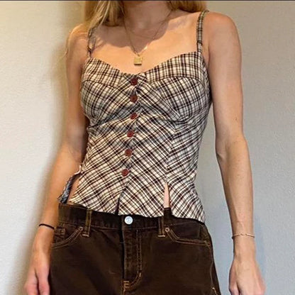 Chaleco a cuadros Y2K para mujer, estilo retro, con botones y abertura en el bajo, camisola estética chic, moda sin mangas, conjuntos de verano 2025