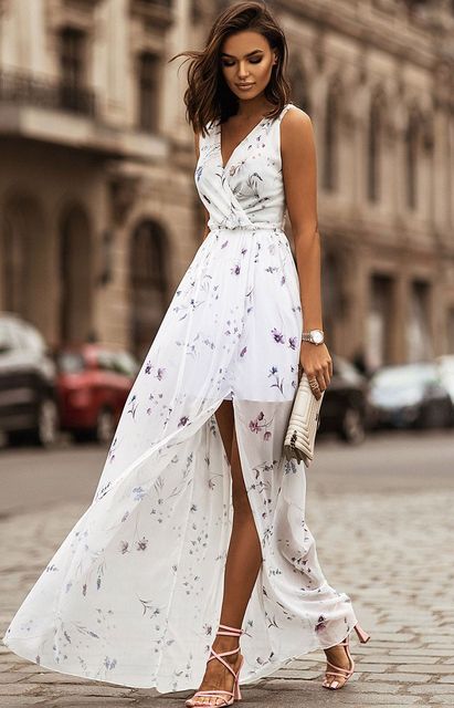 Vestidos largos con estampado de flores de gasa para mujer, sexys, con escote en V, espalda descubierta, aberturas laterales, moda para ir al trabajo