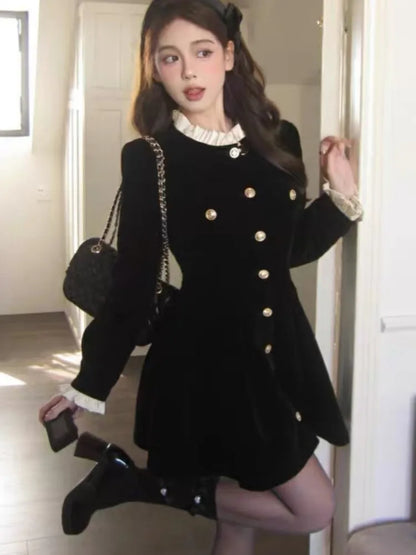 Vestidos de terciopelo negro de otoño para mujer, vestido de fiesta de noche de una sola botonadura de manga larga, moda coreana, vestido de línea A para mujer, nuevo