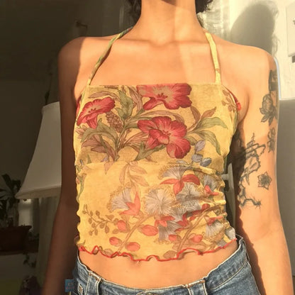 Camisola transparente de malla con estampado floral de los años 00, Hotsweet E-girl, top ajustado sin espalda, top corto sin mangas para mujer, chaleco Y2K, ropa de calle