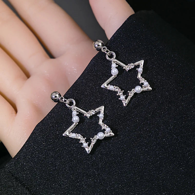 Korean Fashion Pearl Crystal Star Drop Earrings for Women Geometric Pendants Jewelry Gift