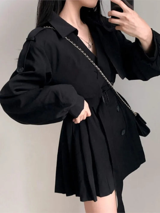 Gabardina elegante y plisada de estilo coreano para mujer, vestido con cinturón, cuello vuelto, doble botonadura, liso, para otoño