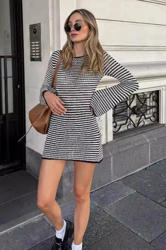 High Waist Striped Flare Sleeve Mini Dress