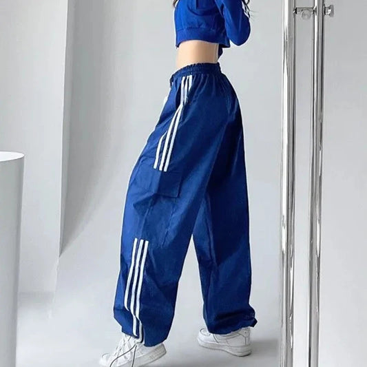 Striped Sweatpants Women Hip Hop Streetwear Baggy Wide Leg Cargo Pants Bf Y2K High Waist Drawstring Joggers Trousers