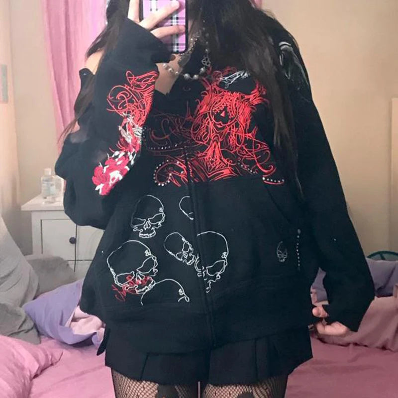 Sudadera con capucha y cremallera con estampado gráfico indie grunge, ropa vintage Y2K, sudadera holgada estilo Harajuku grunge, chaqueta emo estilo coreano kawaii gótico de centro comercial