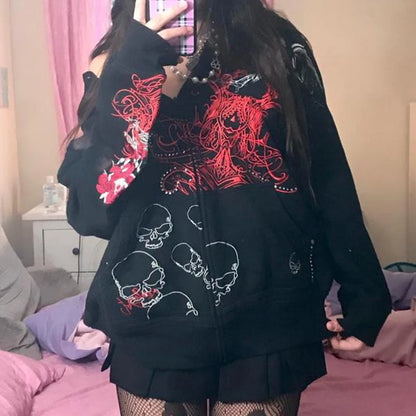 Sudadera con capucha y cremallera con estampado gráfico indie grunge, ropa vintage Y2K, sudadera holgada estilo Harajuku grunge, chaqueta emo estilo coreano kawaii gótico de centro comercial